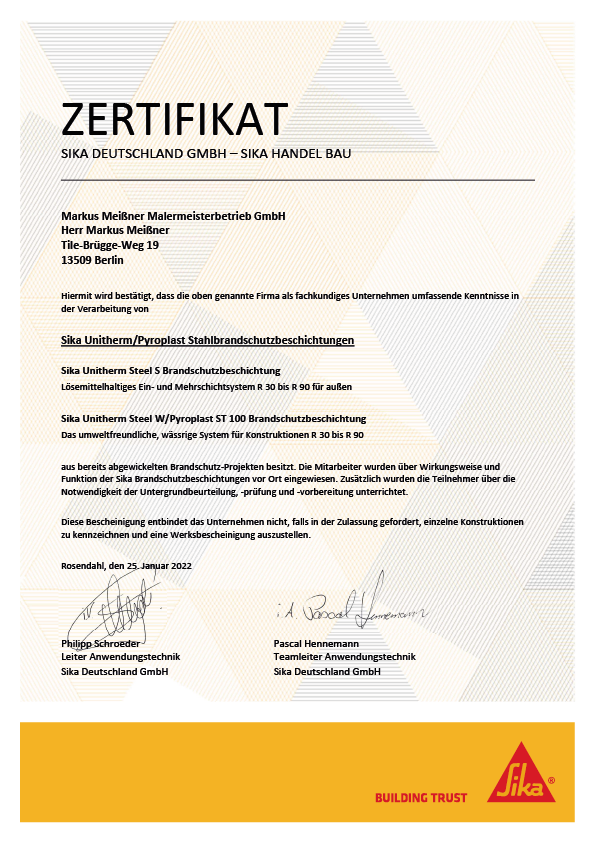 Zertifikat Brandschutz Stahl