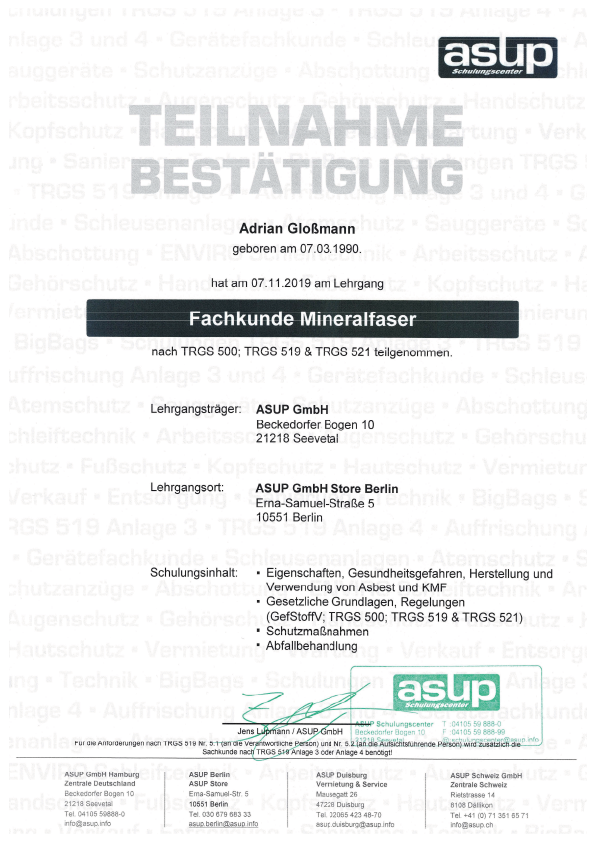 Zertifikat Fachkunde Mineralfaser