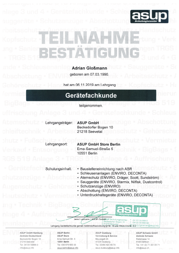 Zertifikat Gerätefachkunde