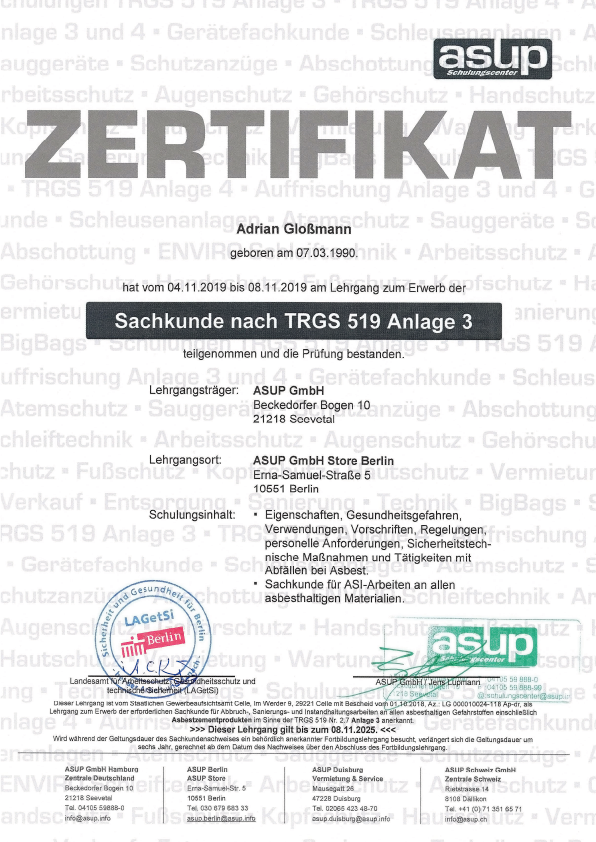 Zertifikat Asbest